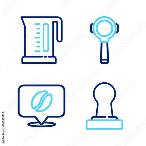Set line Coffee tamper, Location with coffee bean, filter holder and Electric kettle icon. Vector