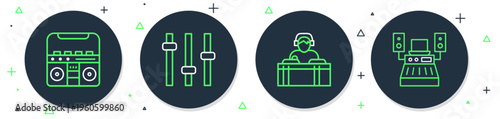 Set line Music equalizer, DJ playing music, Home stereo with speakers and recording studio icon. Vector