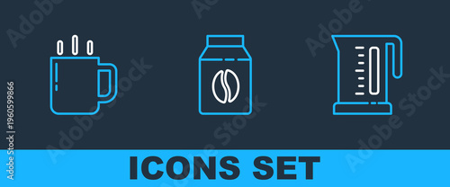 Set line Electric kettle, Coffee cup and Bag coffee beans icon. Vector