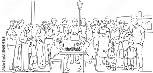 people gathered around table in city street