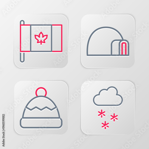 Set line Cloud with snow, Beanie hat, Igloo ice house and Flag of Canada icon. Vector