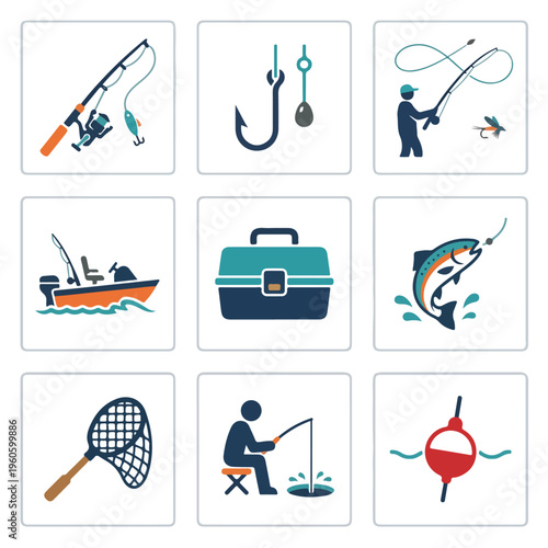 Fishing icons and symbols set.