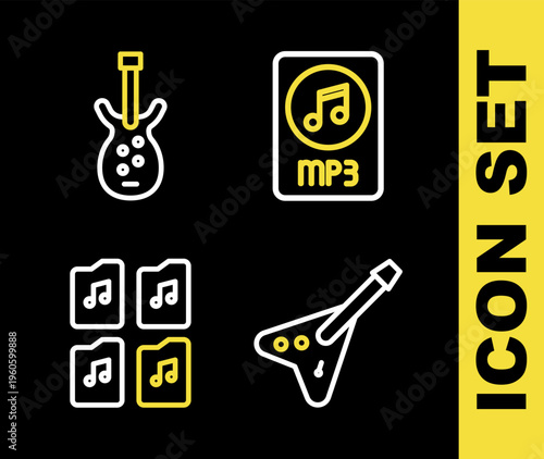 Set line MP3 file document, Electric bass guitar, Music and icon. Vector