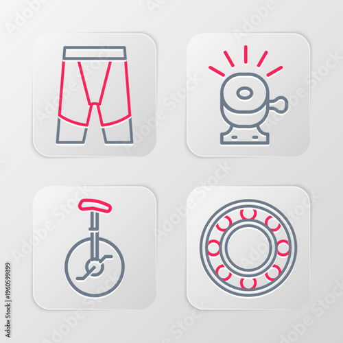 Set line Bicycle ball bearing, Unicycle or one wheel bicycle, bell and Cycling shorts icon. Vector