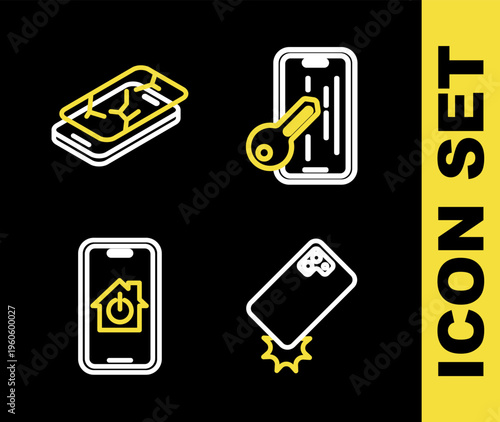Set line Glass screen protector, Shockproof phone, Mobile with smart home and broken icon. Vector