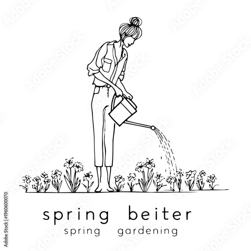 Black and white line art sketch of woman with hair bun watering flower bed with watering can, spring gardening lifestyle concept with decorative text