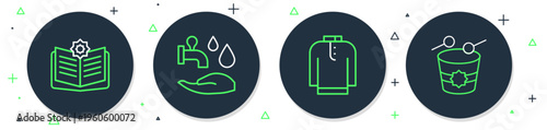 Set line Wudhu, Shirt kurta, Holy book of Koran and Ramadan drum icon. Vector