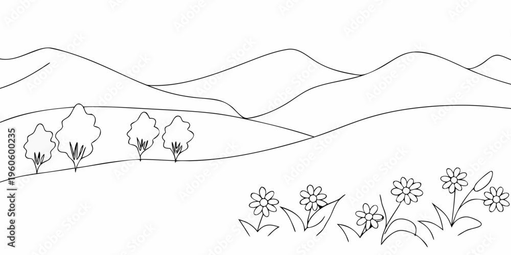 Εκτύπωση καμβά Simple line drawing of rolling hills trees and blossoming flowers