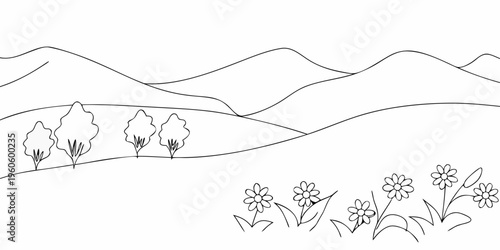 Simple line drawing of rolling hills trees and blossoming flowers