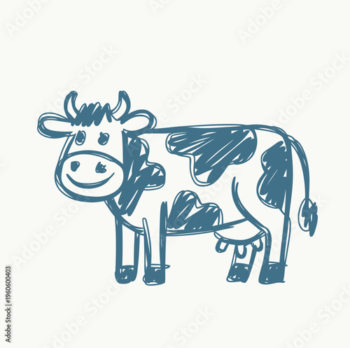 A naive, sketchy illustration shows a smiling dairy cow with blue markings standing against a plain background.
