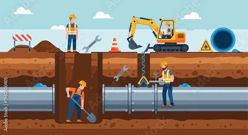 Construction crew working on underground pipes with heavy machinery and safety equipment