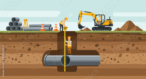 Construction workers installing underground pipes and laying pipes with excavator and construction site illustration