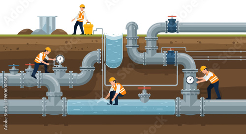 Plumbing and Water System Installation with Workers and Pipes Underground