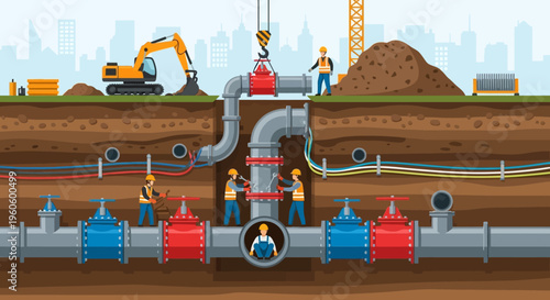 Construction workers installing large pipes and valves underground with excavators and construction equipment in the background