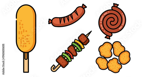Colorful cartoon style fast food items.
