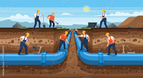 Construction workers connecting large blue pipes underground, symbolizing infrastructure and utility development