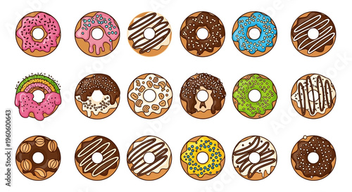 Variety of sweet decorated donuts.