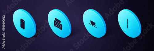 Set Isometric Knife, Coffee cup, Toaster with toasts and Refrigerator icon. Vector