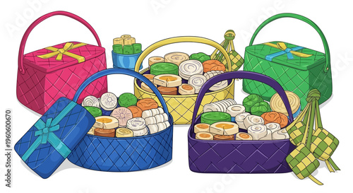Colorful baskets of sushi rolls.