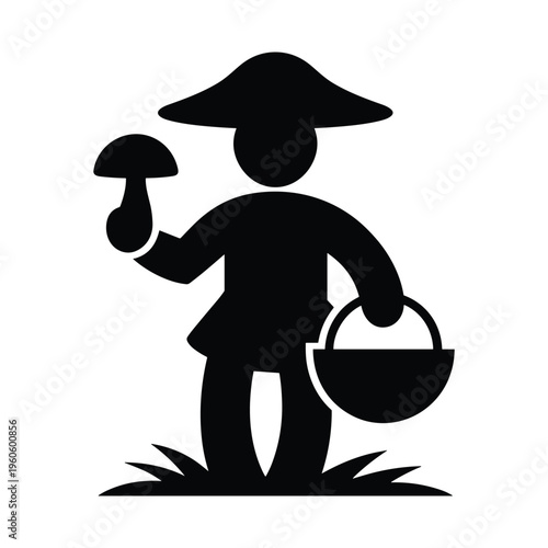 Mushroom picker icon, person with basket and mushroom, foraging, nature, outdoor activity, black silhouette on white background
