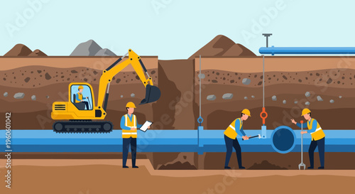Construction workers and excavator installing large water pipes in trench, utility infrastructure development