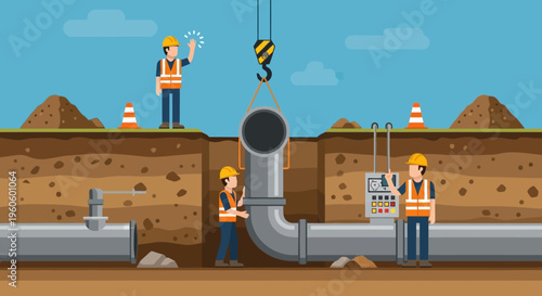Construction workers installing large pipes underground, representing infrastructure development and urban planning