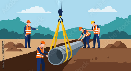 Construction workers installing a large pipe using a crane in an excavation site with a blue sky and clouds