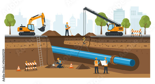 Construction of underground pipeline and infrastructure in a city with heavy machinery and workers