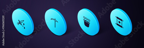 Set Isometric Decree, parchment, scroll, Quiver with arrows, Pickaxe and Sword blood icon. Vector