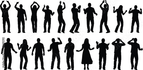 Group of people silhouettes in dynamic poses, dancing and moving vector illustration, lifestyle artwork, cultural diversity design, expressive body 