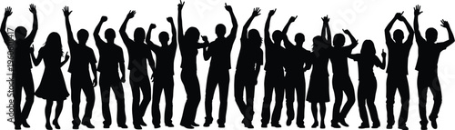 Group of people silhouettes raising hands in celebration, joyful crowd vector illustration, unity lifestyle artwork, cultural social gathering design concept