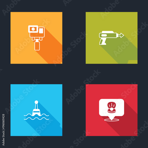 Set Action extreme camera, Fishing harpoon, Floating buoy and Scallop sea shell icon. Vector