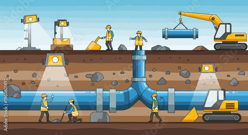Construction workers installing pipes underground with heavy machinery and lighting