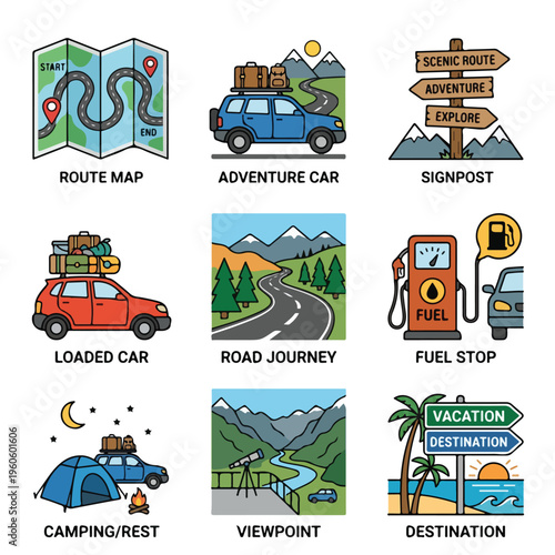 Travel Icons Road Trip Vacation.
