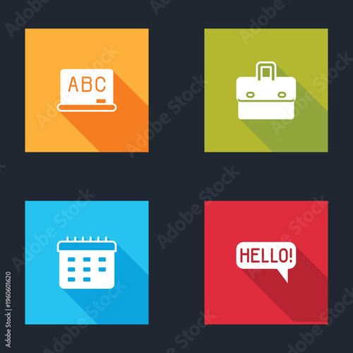 Set Chalkboard, Briefcase, School timetable and Hello in different languages icon. Vector