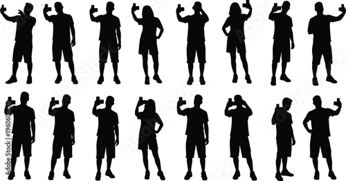 Group of people silhouettes taking selfies with smartphones, modern lifestyle vector illustration, social media artwork, digital culture representation concept