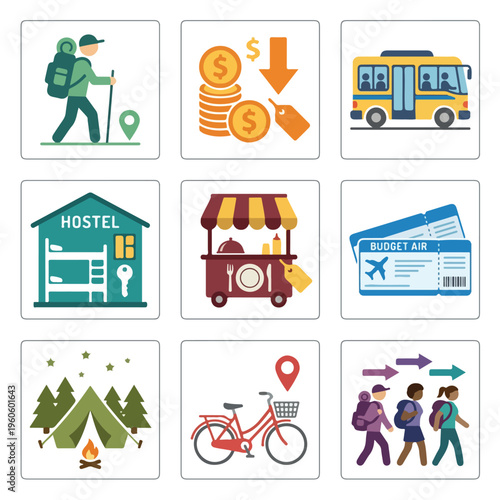 Travel icons set collage.
