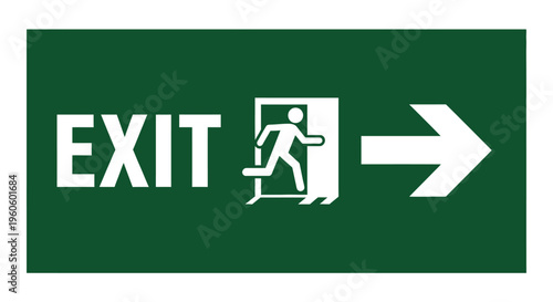 Green exit sign with a running person pictogram and an arrow pointing right for emergency evacuation.