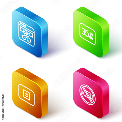 Set Isometric line Video recorder or editor, Audio jack, Stop media button and Prohibition no video recording icon. Vector