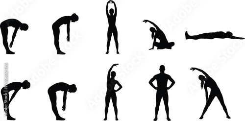 Stretching exercise silhouette collection, fitness warm-up poses, flexibility training vector, yoga workout illustration, healthy lifestyle graphic, rehabilitation stretching design