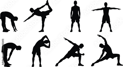 Stretching silhouette collection, fitness exercise vector, flexibility training illustration, workout posture artwork, healthy lifestyle design, physical activity silhouette set