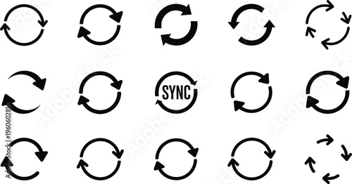 Circular arrow sync refresh icon collection, digital vector artwork set, update design graphic, synchronization illustration symbol, flat vector illustration