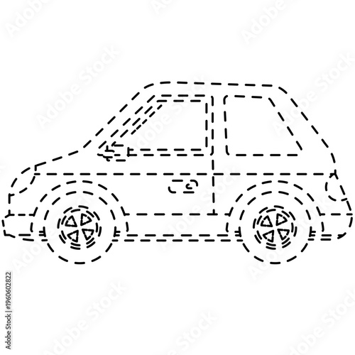 Dotted compact car illustration isolated on light background simple transport vehicle outline for coloring book and educational transportation concept minimal design.
