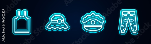 Set line Sleeveless T-shirt, Elegant women hat, Police cap with cockade and Camouflage cargo pants. Glowing neon icon. Vector