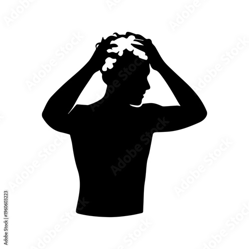 Man silhouette washing hair with shampoo suds