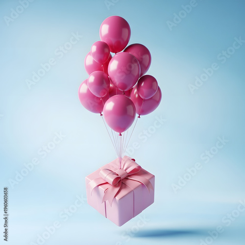Pink Gift Box with Vibrant Balloons Floating Gracefully on a Soft Blue Sky Background
