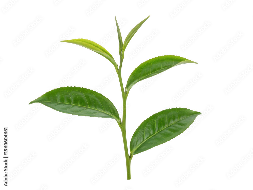 Fototapeta premium Fresh green tea leaves on a stem isolated on transparent background
