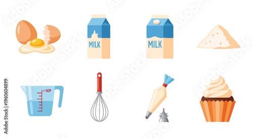 Baking Ingredients and Tools: Eggs, Milk, Flour, Cupcake, Whisk, Measuring Cup, Piping Bag