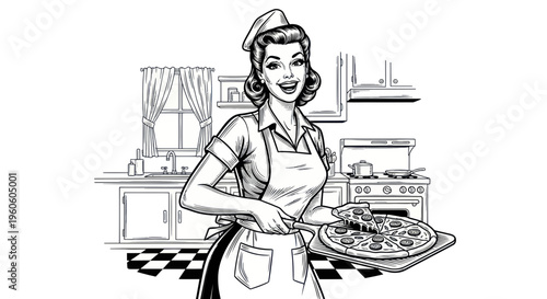 Retro Woman Serving Pizza in Vintage Kitchen