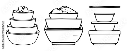 Bento box set with tiered structure and clean outlines featuring Japanese cuisine, food, minimalist design with white background and vector illustration